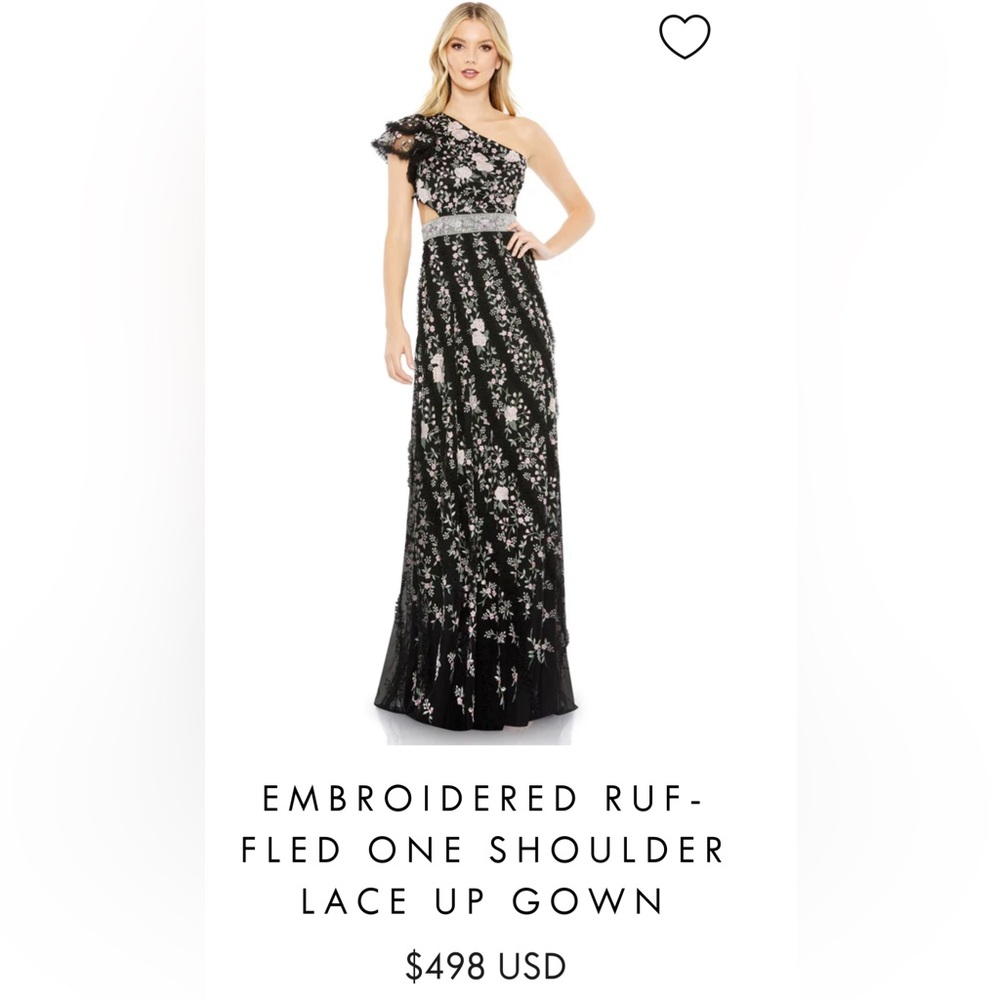 NWT Mac Duggal 70160 Embroidered Ruffle One shoulder Lace Up Gown